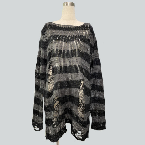 Women's Loose Striped Knit Sweater, Long-Sleeve Hooded, Hole-Free, Thin Design