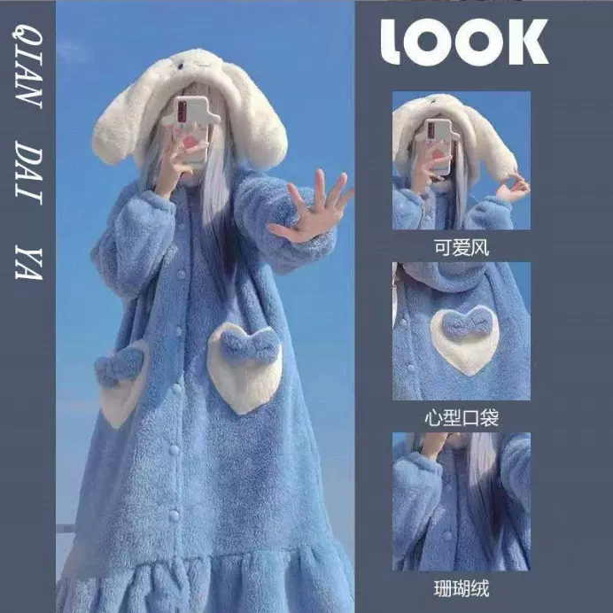 珊瑚绒玉桂狗睡袍女冬季加厚加绒睡裙卡通长款睡衣外穿刺绣家居服