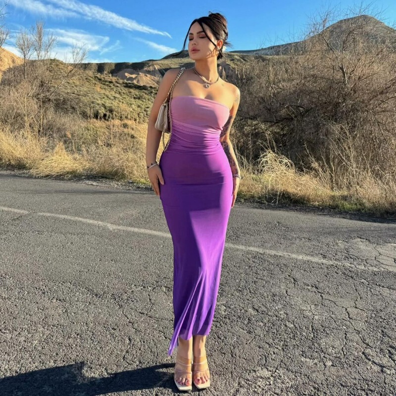 European and American Women's Clothing 2024 Autumn and Winter Slim-Fitting Sexy Strapless Gradient Color Double-Layer Pencil Skirt Mid-Length Skirt Fashion