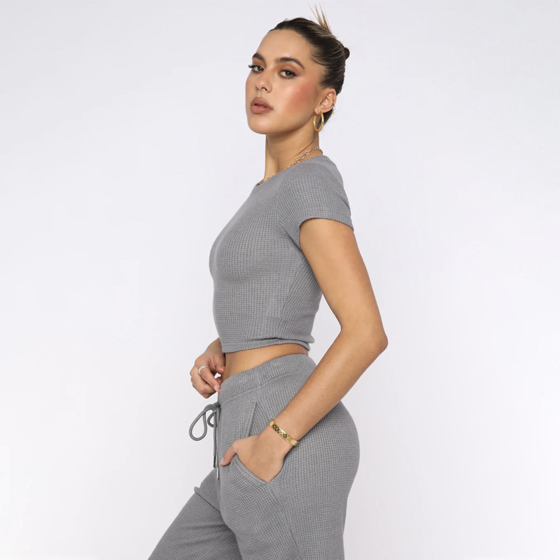 Spring Summer Solid Color Waffle round Neck Short Sleeve Women Clothing Casual Trousers Sets 63 Spring Summer Solid Color Waffle round Neck Short Sleeve Women Clothing Casual Trousers Sets