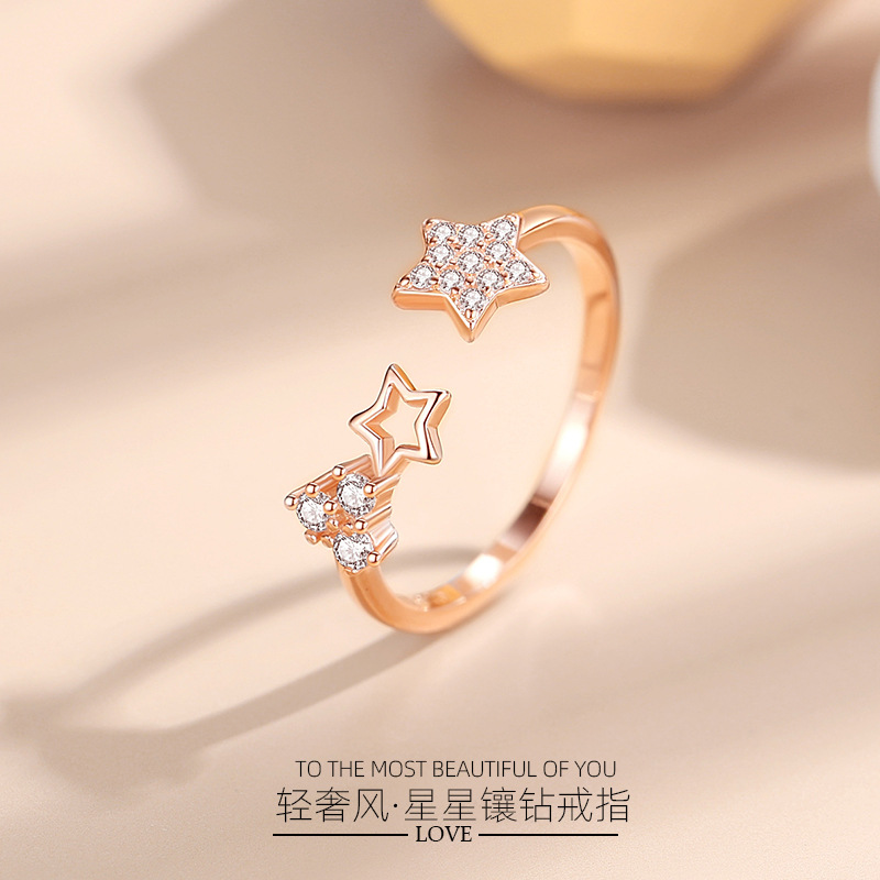 Anillo de plata 925 estilo coreano ins estilo estrella incrustada en diamantes anillo de mujer abierto nicho estilo de lujo ligero estrella de cinco puntas anillo al por mayor