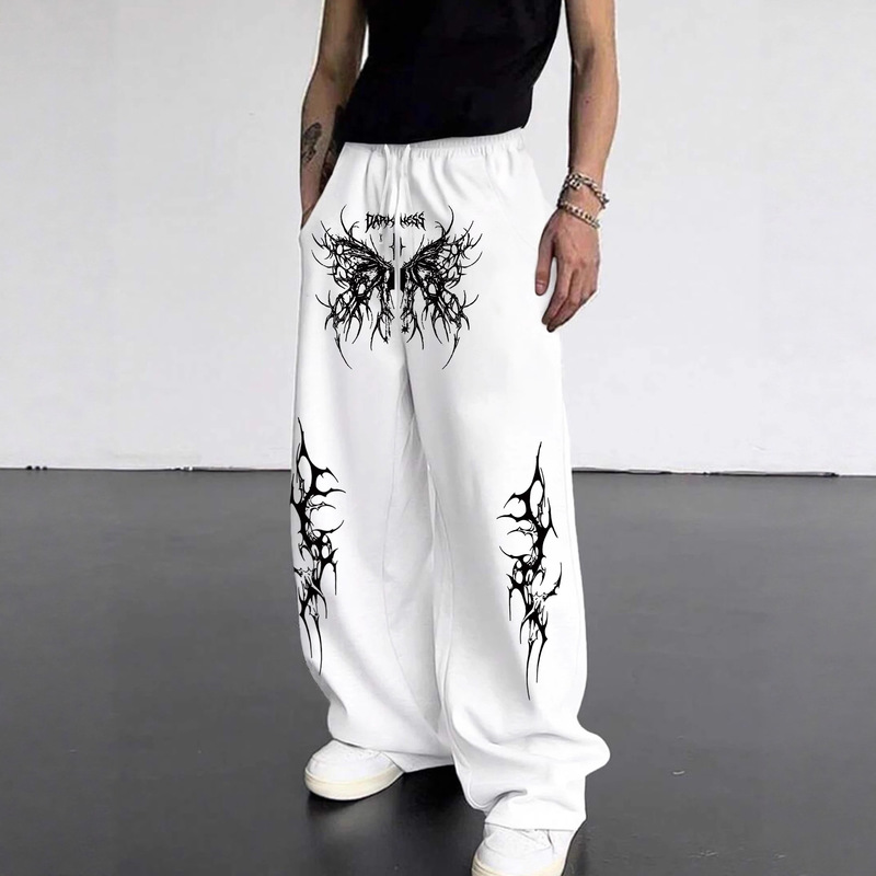 Spring and Autumn New Y2K Dark Gothic Print Loose Slim Men's and Women's Lace-Up Sports Pants Wide Leg Sweatpants