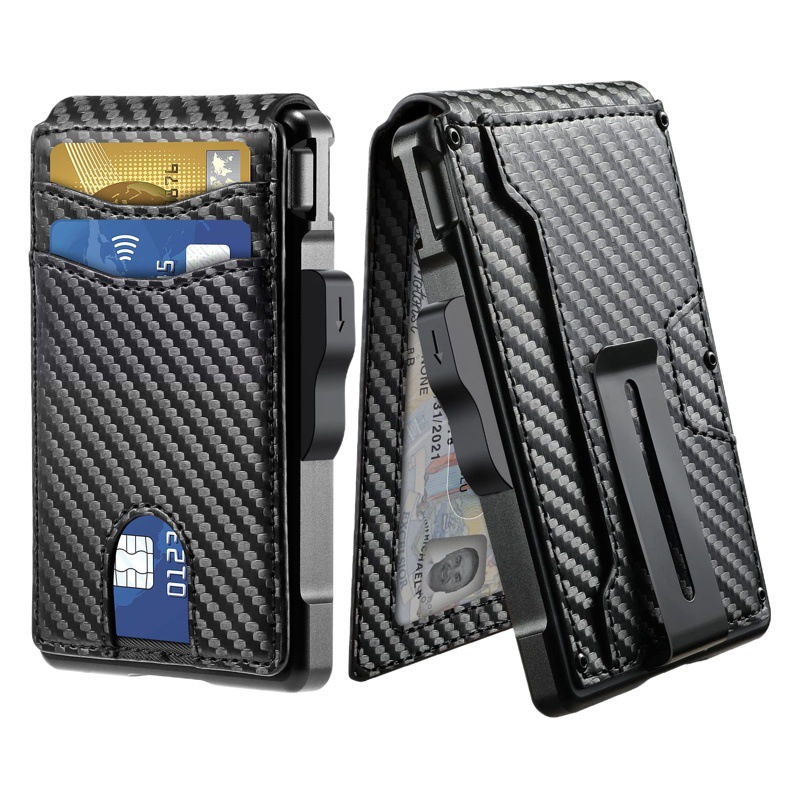 Cross-border popular Flip caja de tarjeta de metal cartera de los hombres de bienes genuinos al por mayor de múltiples funciones de la fibra de carbono Cartera de cuero billetera