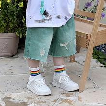 Jimmy妈童装【夏日味道】夏季新款儿童破洞水洗绿色牛仔裤短裤