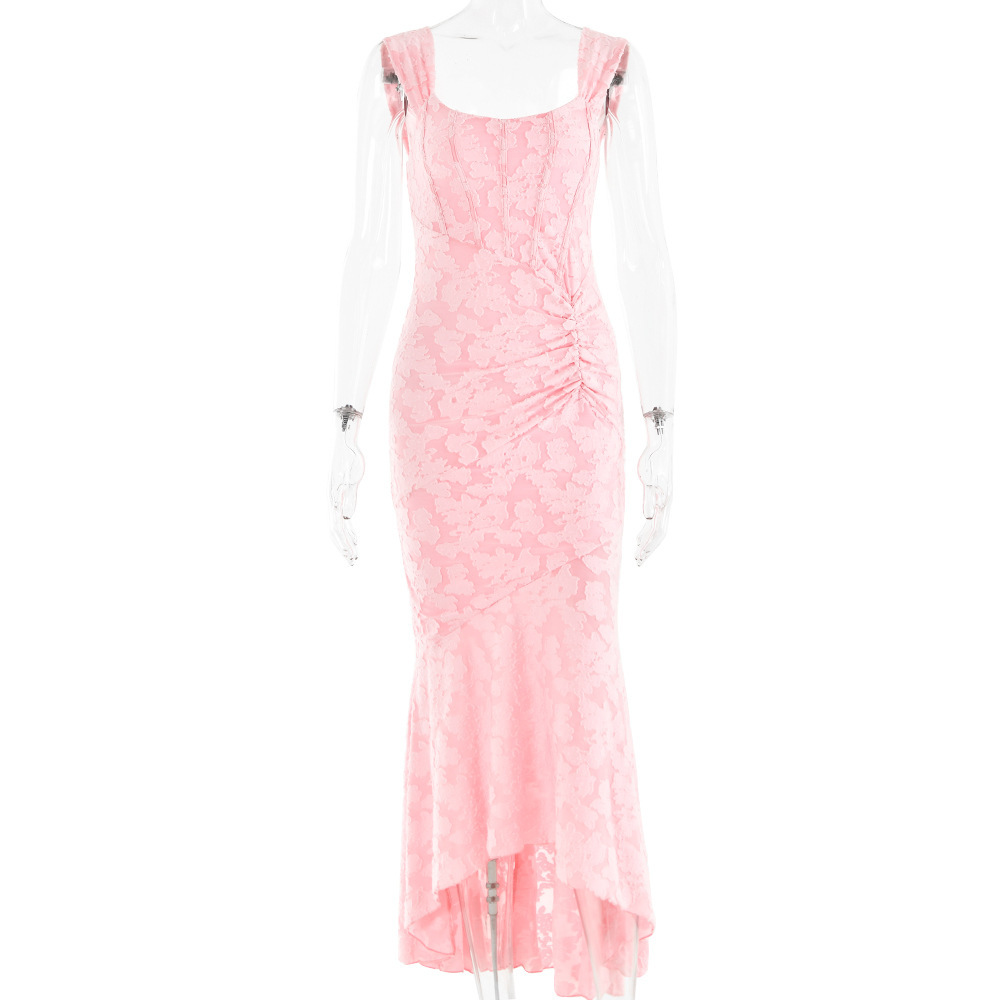 Venta caliente transfronteriza de comercio exterior de las mujeres de la moda de color sólido de encaje sexy cuello irregular vestido de noche de cola de pez vestido