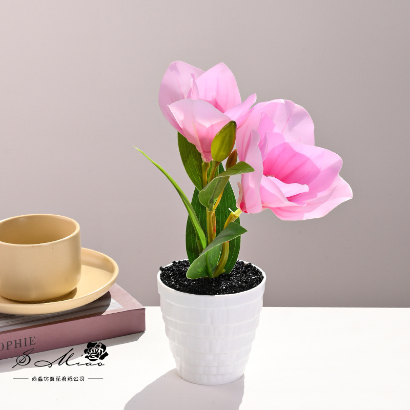 Dos flores y una fruta sensación de mano flor de magnolia bonsai simulación flor de decoración de estudio en el hogar decoración de plantas verdes artificiales simulación maceta image 3