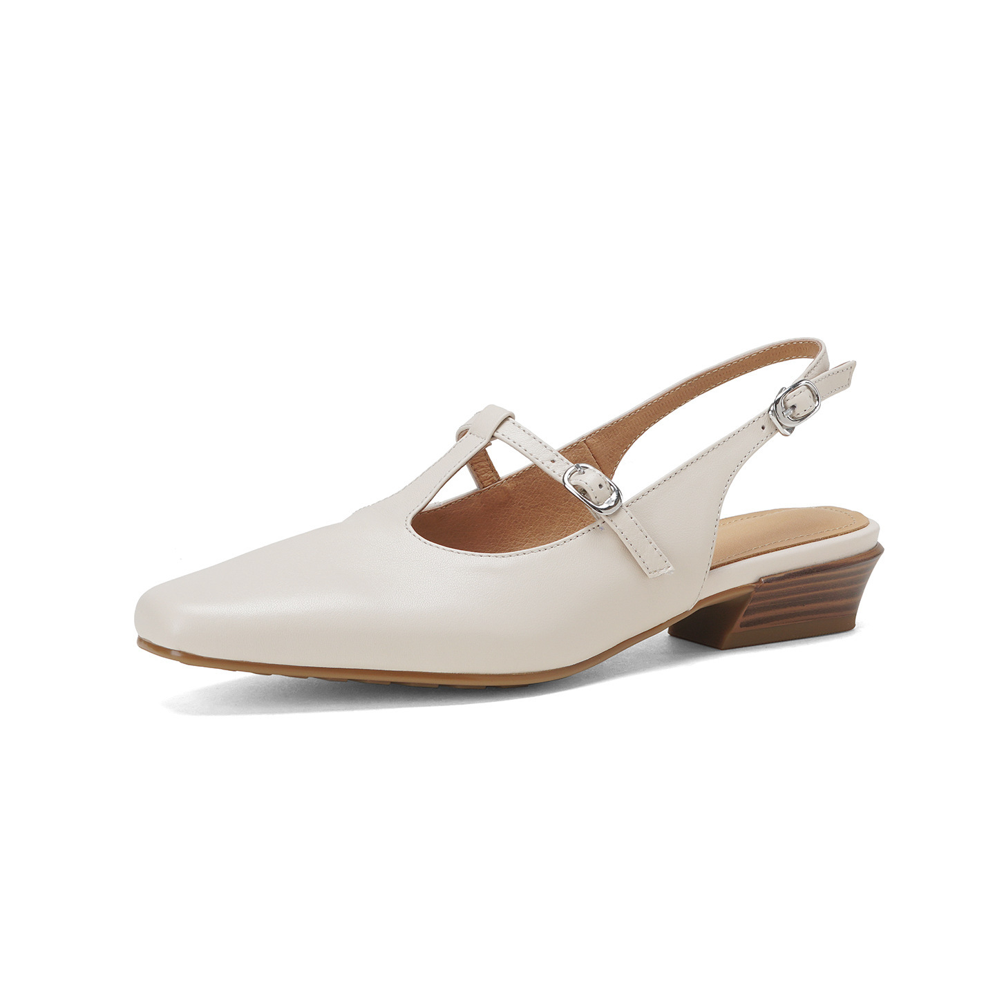 Sandal nữ quai ngang da bò gót vuông 3 cm khóa T — màu trắng ngà