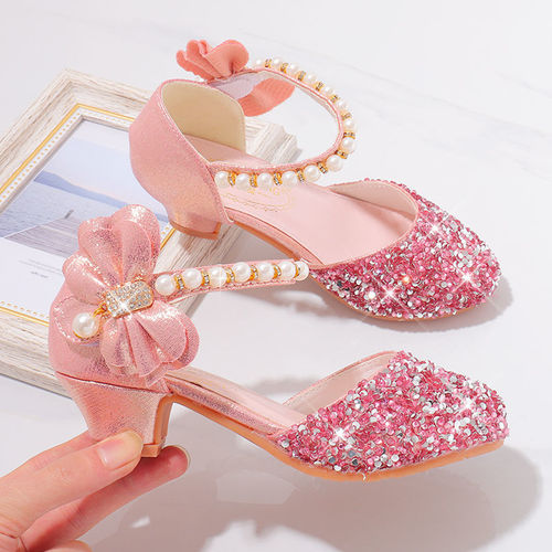 High heels, crystal performance princess shoes, dress, silver stage children's shoes, host kid's piano girls' leather shoes