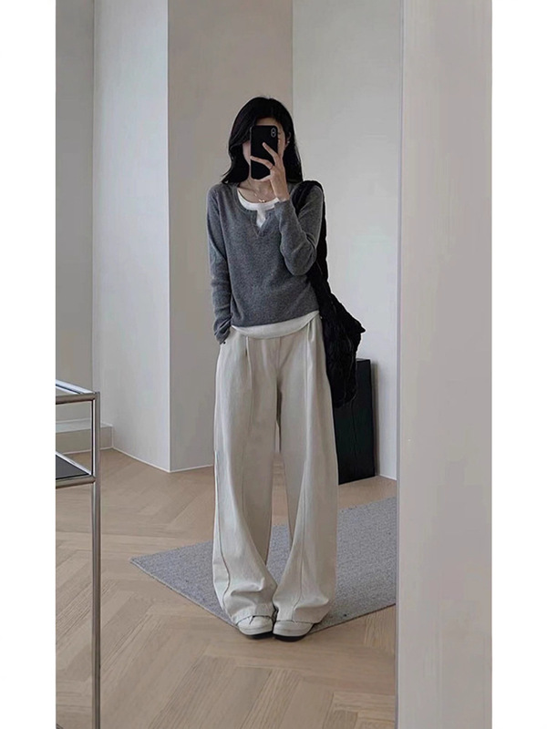 黑色假两件v领内搭打底衫女2025早秋新款修身显瘦百搭长袖上衣ins|undefined