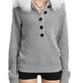 灰色连帽毛领毛衣女秋冬季高级感韩系慵懒针织衫收腰修身短款帽衫
