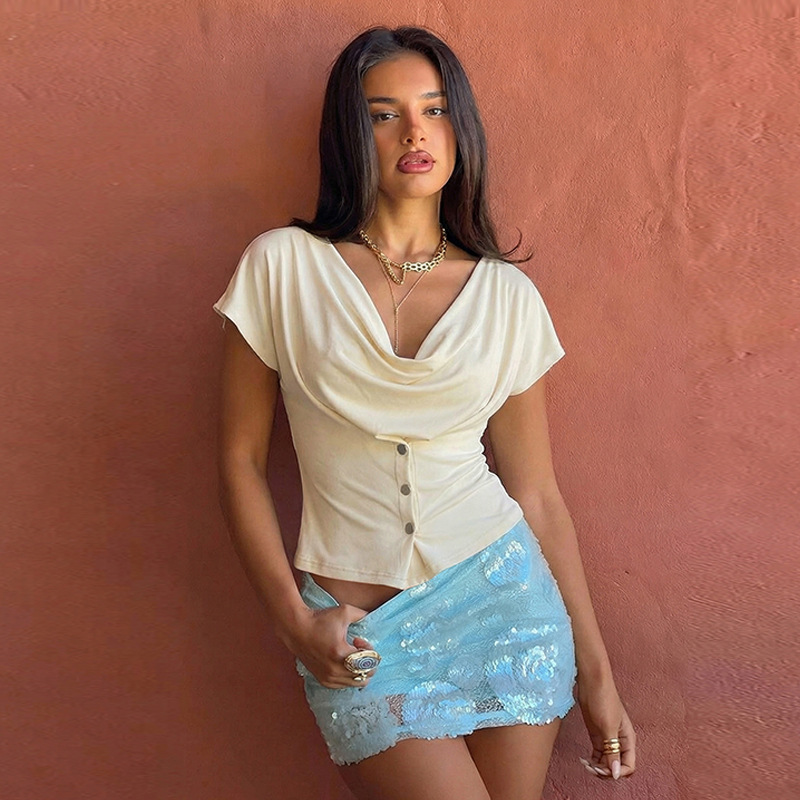 Women's Clothing American Style Slim Fit Short Sleeve T-Shirt Niche Oval Neck Fashion Hot Girl Top New_ecoleips.com