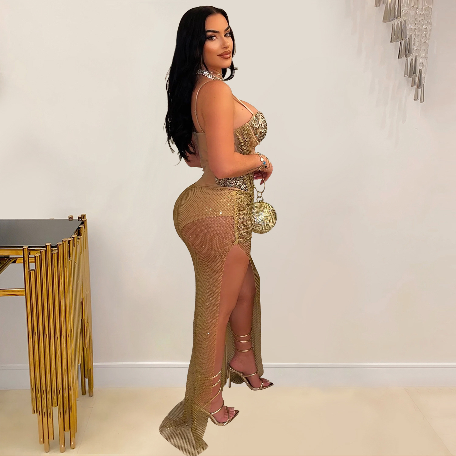C6883 Aliexpress transfronterizo amazon ropa de moda europea y americana de mujer sexy tela de tela de perforación de cinturón vestido largo image 5