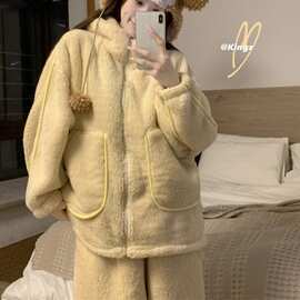 韩ins女士冬日暖绒绒连帽加绒加厚保暖可外穿睡衣家居服套装女
