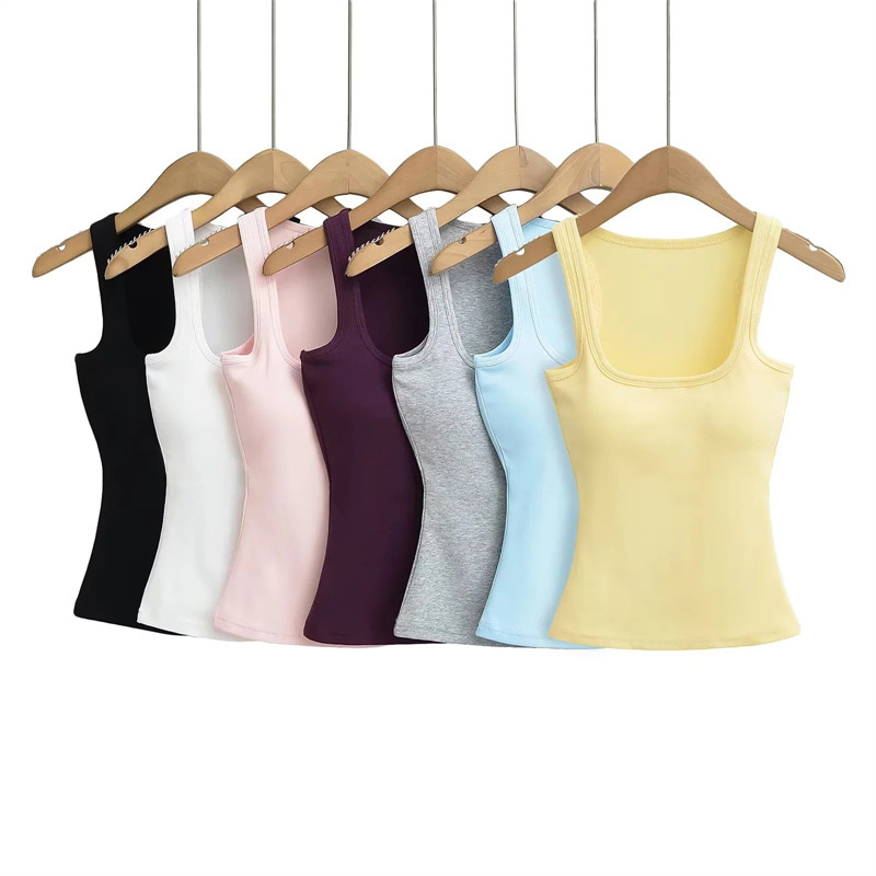 American-Style Solid Color Spicy Girl Tight Tank Top for Women, Summer Basic Narrow Shoulder Waist-Cinching with Chest Pad Camisole Top