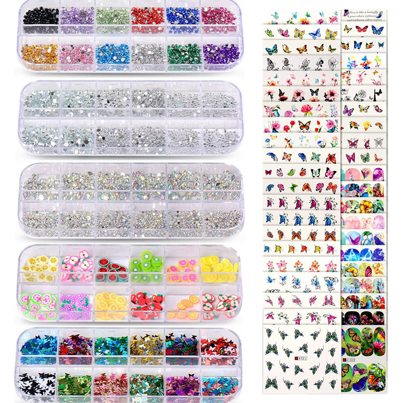 Cross-border hot selling nail accessories suit 48 pieces butterfly watermark stick fruit slices AB, 2.0 Diamond in stock