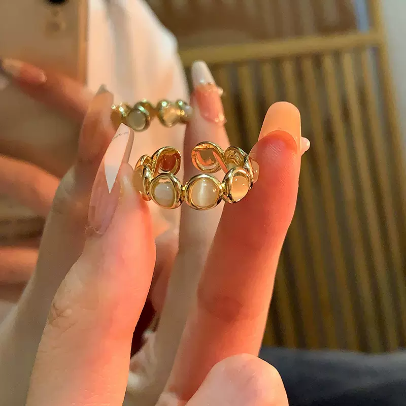 法式金色猫眼石开口戒指女轻奢气质高级感指环网红时尚百搭手饰品