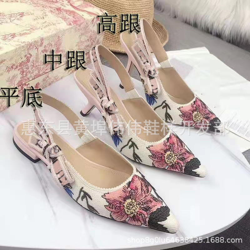 Pointed Embroidered Letter Cat Heel Sandals Women's Bow High Heels Mid Heel Empty Flat Toe Sandals Women's Shoes