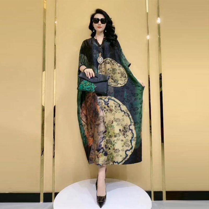 Vintage Silk Dress Women's 2022 Summer New Western Style Mulberry Silk Large Size Printed Batwing Sleeve Elegant Long Dress