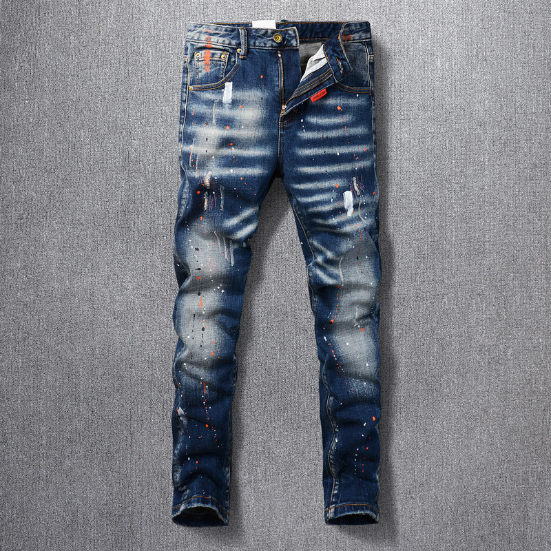 Men's Retro Blue Washed Jeans | Splatter Paint & Ripped Detail | Relaxed Straight Leg Denim Pants Comfortable Straight Leg Fit_viptrois.com