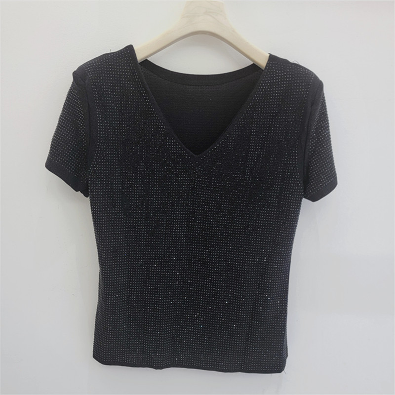 V-collar caliente taladro camiseta de manga corta para mujeres 2026 verano nuevo temperamento elegante delgado brillante chaqueta