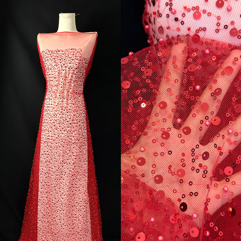 Bordado de tubo de cuentas con cuentas de espuma, tela bordada en color mágico, vestido de novia, tela de malla, tela de malla, bordado de lentejuelas, tela de traje de escenario