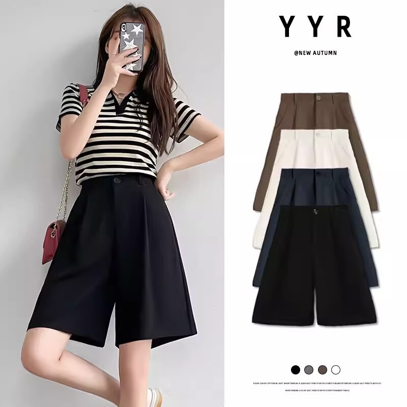 Black Suit Shorts for Women, Summer Thin Style, Loose High-Waisted A-Line, Slimming Wide-Leg Casual Shorts for Petite Figures, Five-Point Length
