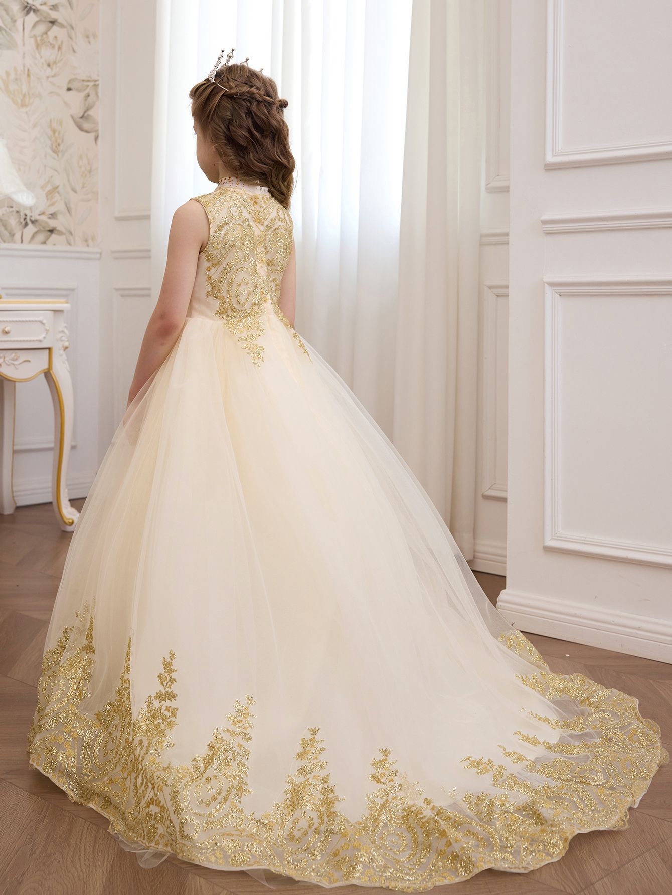 Vestidos de boda transfronterizos europeos y americanos para niñas, vestidos sin mangas para niñas, vestidos de presentación, vestidos de princesa con cola abullonada para niñas de las flores.