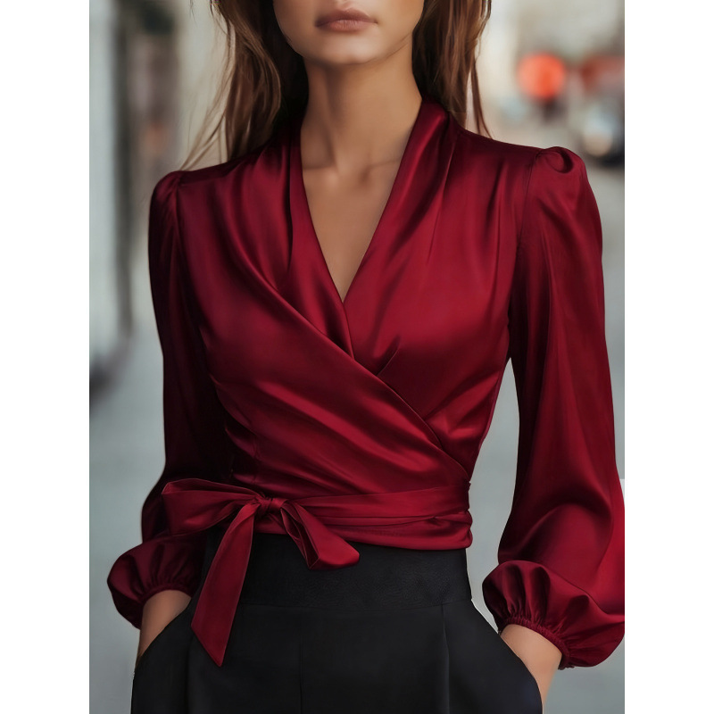 European and American Independent Station New V Neck Elegant Satin Strap Waist Top for Women European and American Independent Station New V Neck Elegant Satin Strap Waist Top for Women