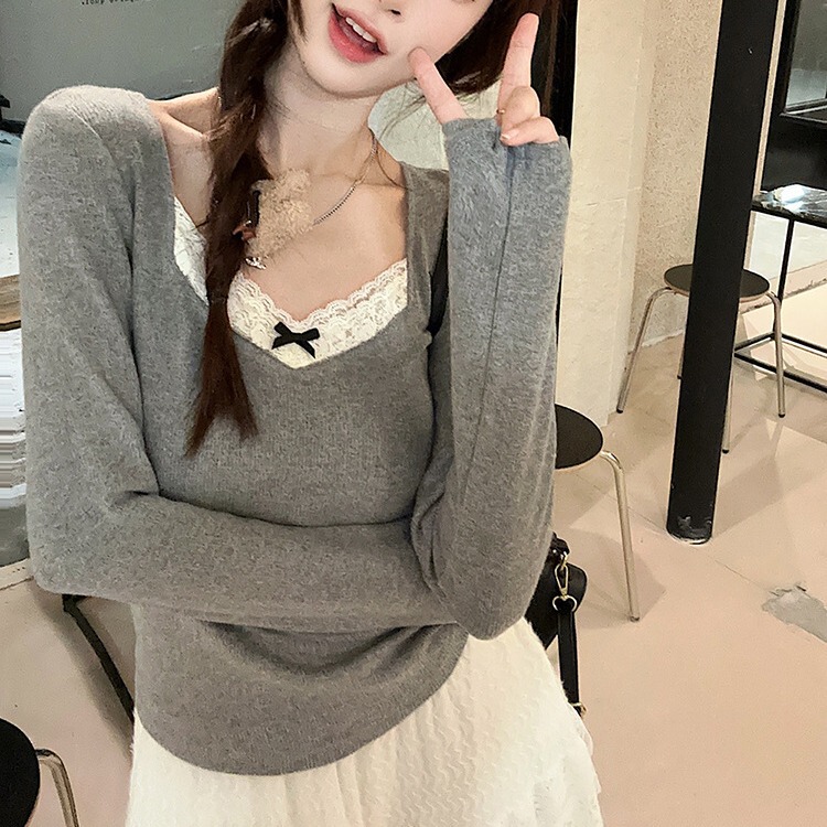 Yixing Women's New Autumn and Winter Brushed Warm Bm Style Sexy Lace Splicing Inner Bottoming Long-Sleeved T-Shirt Top