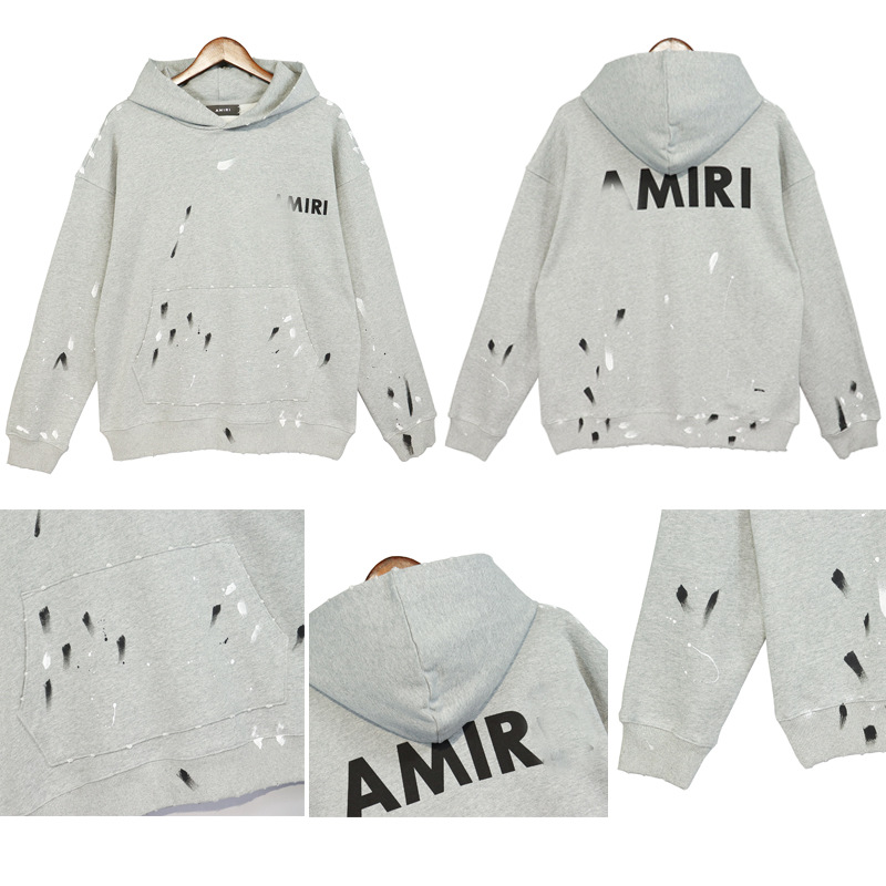 Sudadera con capucha AMIRI europea y americana Wang Yibo mismo estilo pintado a mano Impresión de salpicaduras de tinta desgastada suéter con capucha para hombres y mujeres deshilachados