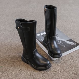 Little Bear 2024 Knight Princess Boots Black Genuine Leather High Boots Children's Leather Boots Autumn and Winter New Style