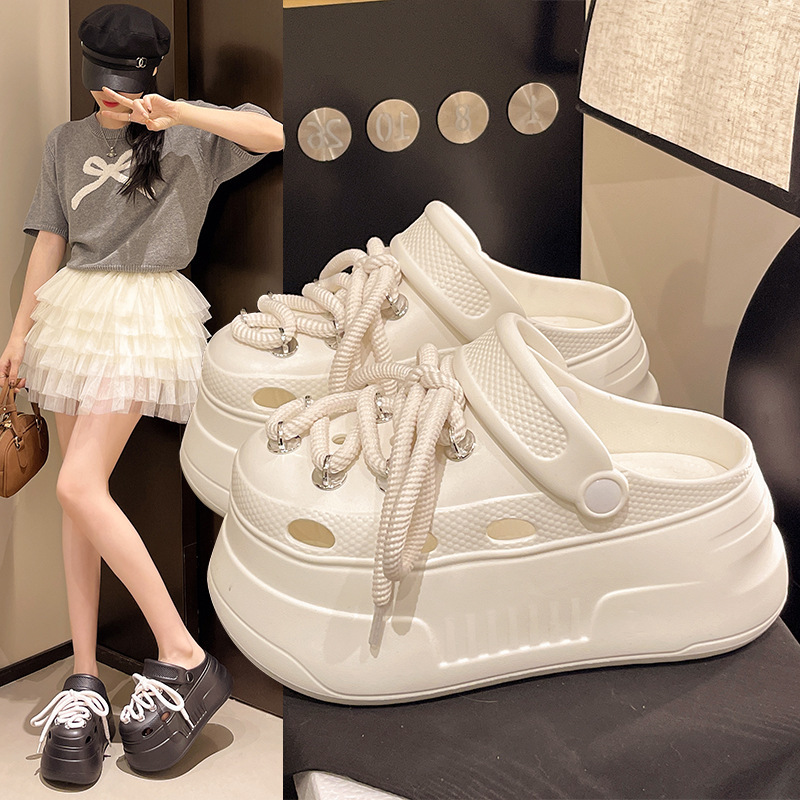 Cave Shoes Women's Spring and Summer Small Wearing Nine Cm New Style Platform Thick Sole Baotou Half Slippers Beach Sandals Decoration