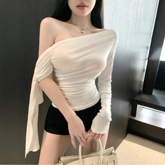 早秋法式純欲甜辣妹性感飄帶設計感斜露肩不規則長袖打底衫女上衣