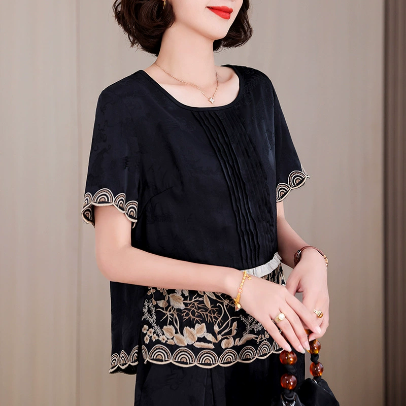 Новый китайский стиль жаккардовый жаккардовый топ с короткими рукавами женский летний новый шелк с вышивкой с круглым вырезом
