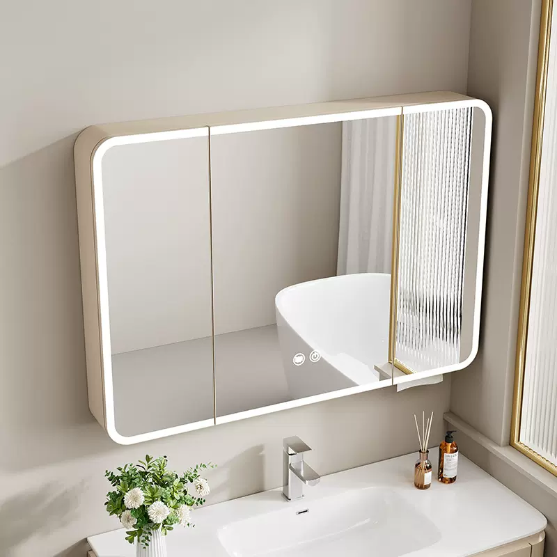 加高太空铝圆弧智能镜柜卫生间镜挂墙式镜箱灯带置物架美妆镜收纳