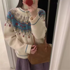 重工手工绣花复古毛衣女秋冬季新款保暖显瘦开衫个性设计款上衣女