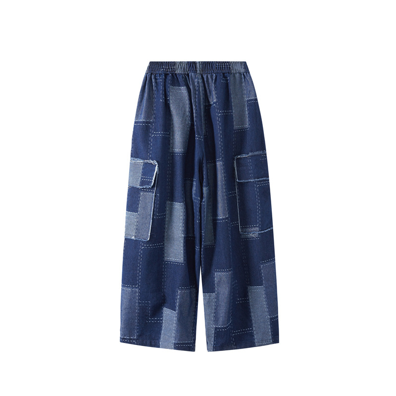 Vêtements pour hommes patchwork jambe large multi-poches jeans rétro rue silhouette ample pantalons de travail pour hommes et femmes_voghion.com