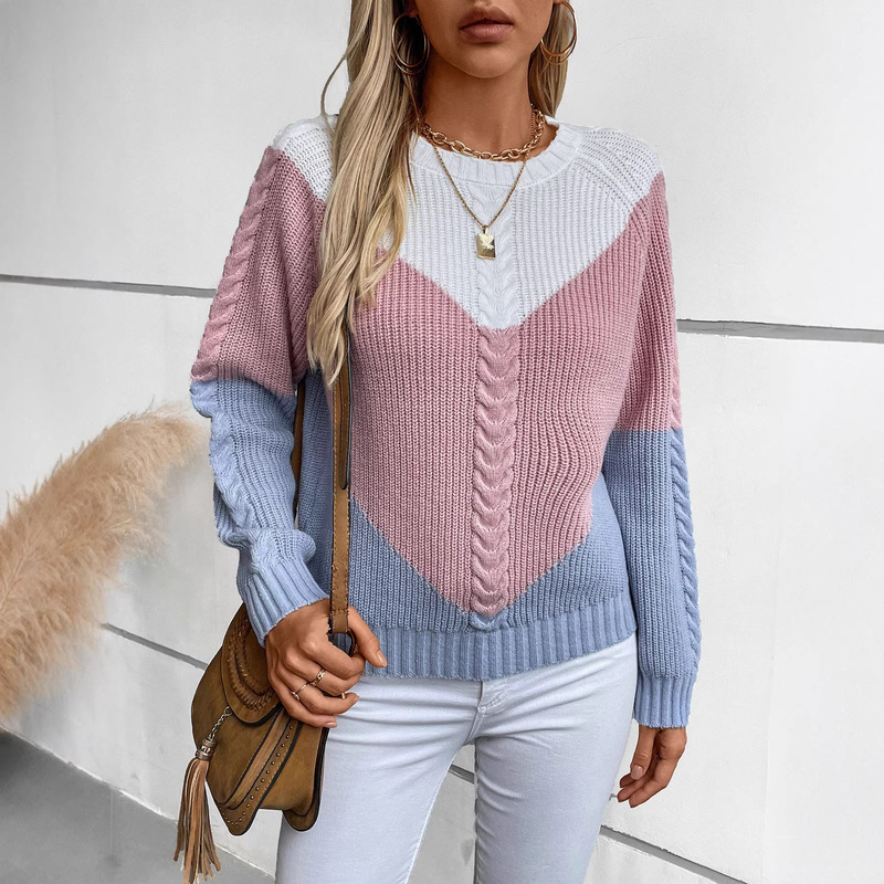 Fuzzy Contrast Color Cable Knit Women's Sweater, New Autumn and Winter Vintage Loose European and American Style Pullover Knit Top Fuzzy Contrast Color Cable Knit Women's Sweater, New Autumn and Winter Vintage Loose European and American Style Pullover Knit Top