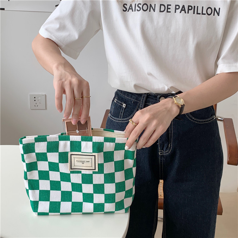 【 In Stock 】18181 checkerboard green checkered canvas bag, school-style commuter single-shoulder bag, retro hand-held tote bag undefined