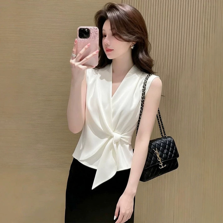 French Style Fashionable Sleeveless Knotted White Shirt for Women Summer New Style V-Neck Waist-Cinching High-End Shirt Top 11992