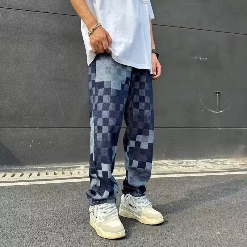 2024 Мозаичные шахматные джинсы мужские приливные бренды красивые уличные штаны американские высокие уличные брюки vibe прямые брюки
