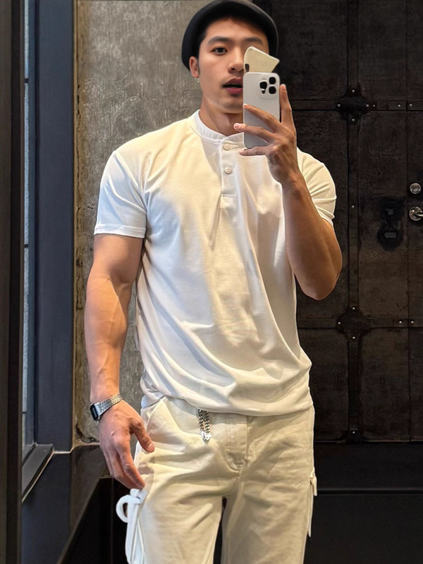 健身短袖男士夏季简约纯色中式POLO衫亨利领运动透气收袖口短袖潮|undefined