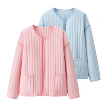 ZA速卖通爆款跨境外贸欧美风女装条纹圆领绗线大口袋棉衣