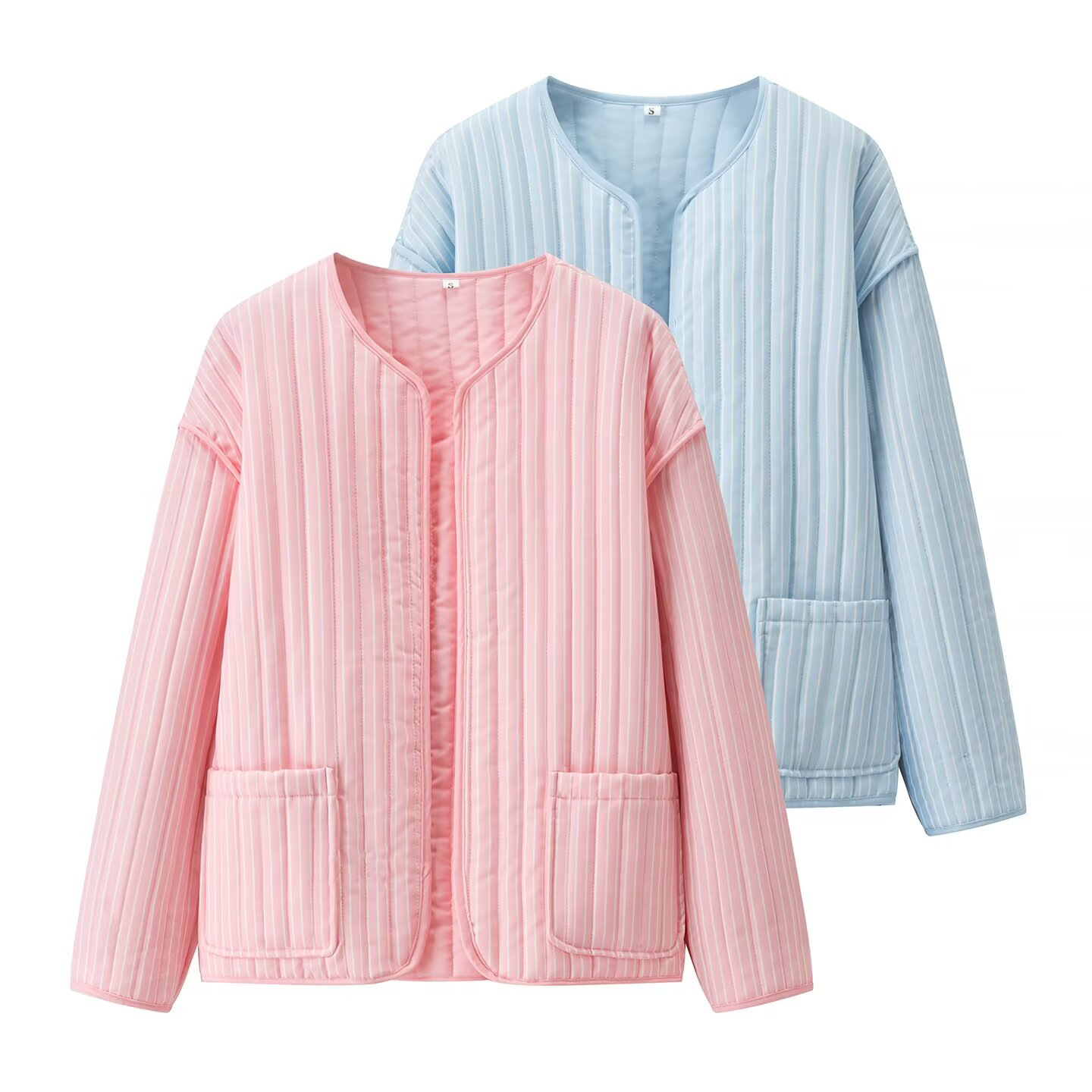 ZA速卖通爆款跨境外贸欧美风女装条纹圆领绗线大口袋棉衣