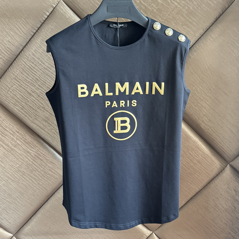 European and American Trendy Brand New Balmain Flocked Letter Slim Fit Cotton Short Top Versatile Balmain Sleeveless T-Shirt