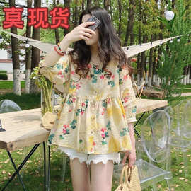 娃娃衫上衣韩版宽松通勤甜美洋气碎花苎麻蓬蓬小衫中袖衬