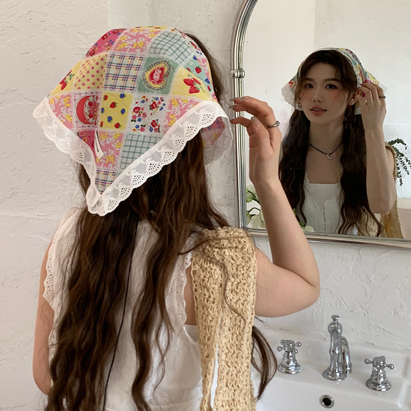 Pañuelo de seda de confinamiento de encaje de diadema francés de alta gama ins pañuelo de playa de fotografía de viaje de verano de alta gama