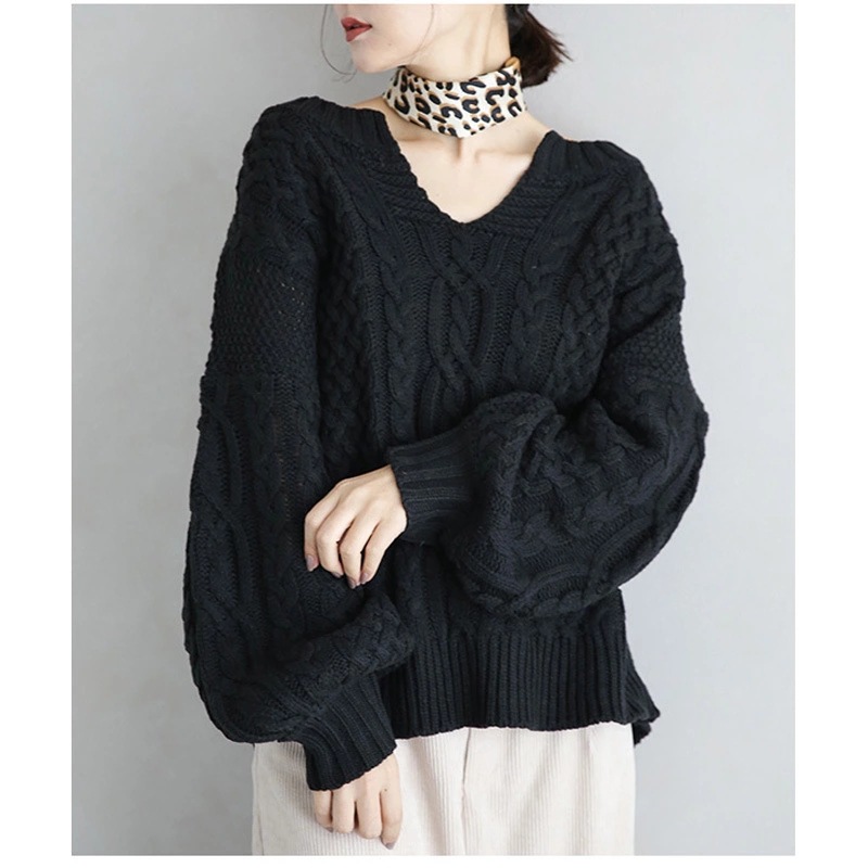 日韓vネックプルオーバー2023新型純色ニット麻花灯籠袖麻花セーター痩せ上着
