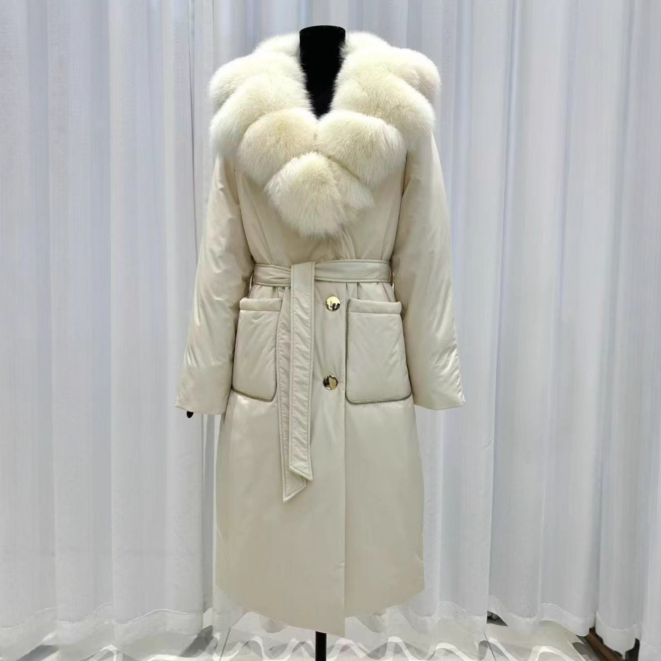 2025 Winter New Fox Fur White Duck down Jacket Women's Extra Long Waist Tie Parka Jacket