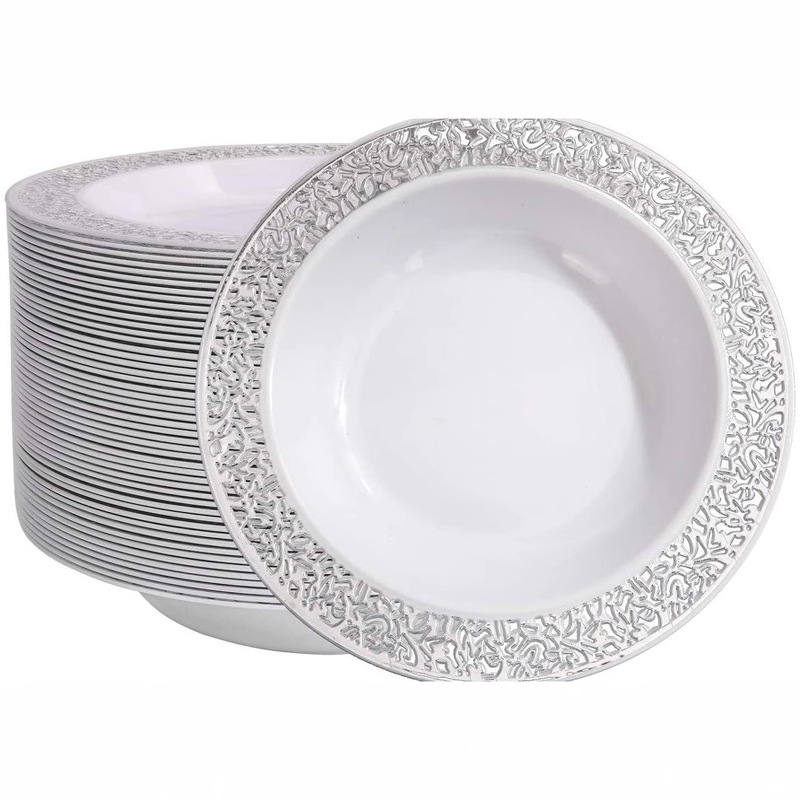 12OZPS Salah Bowl Disposable Dinner Plate Hard Plastic Bowl Silver Hollow Deep Plate Golden Rose Gold Bowl 25PCS